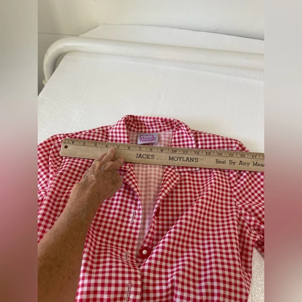 California Looks vintage gingham dress red/white belt +shoulder pads Size 8P 7-4 - Picture 7 of 11